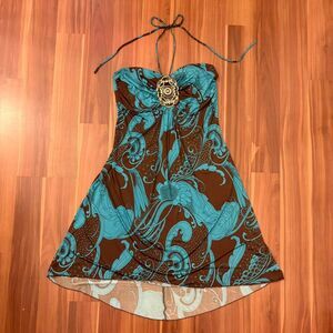 vintage 90s stretchy flowy boho paisley fairy halter dress w bedazzled buckle